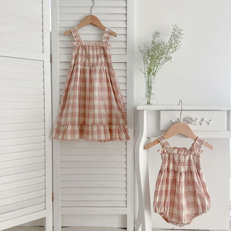 Summer Baby Girls French-style Plaid Sleeveless Onesies and Dress – Princess Sister Matching Set-4