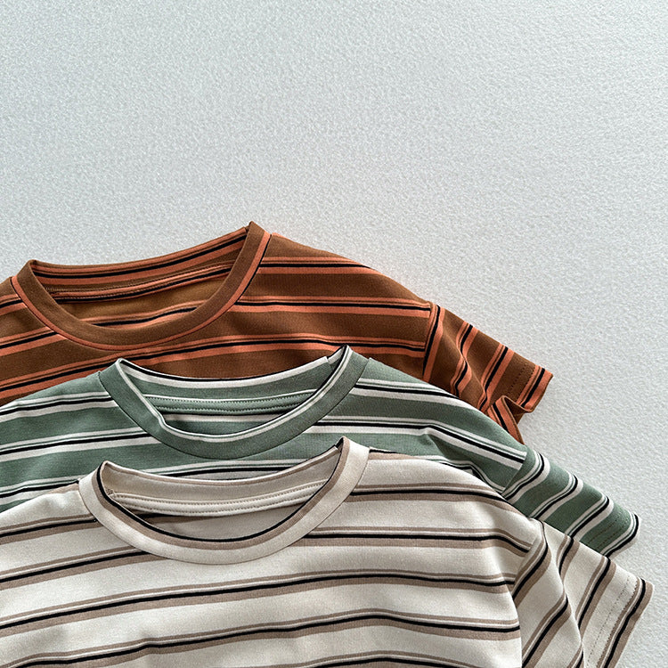 Summer New Arrival Kids Unisex Soft Comfortable Short Sleeves Striped Thin Top Casual T-Shirt-4