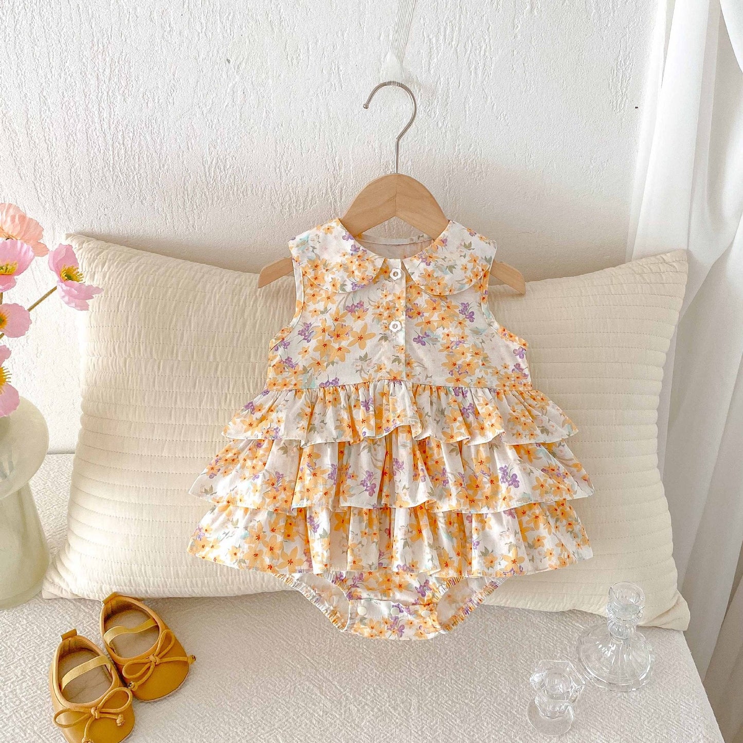 Summer Arrival Baby Girls Cute Sleeveless Flowers Pattern Ruffle Onesies-3
