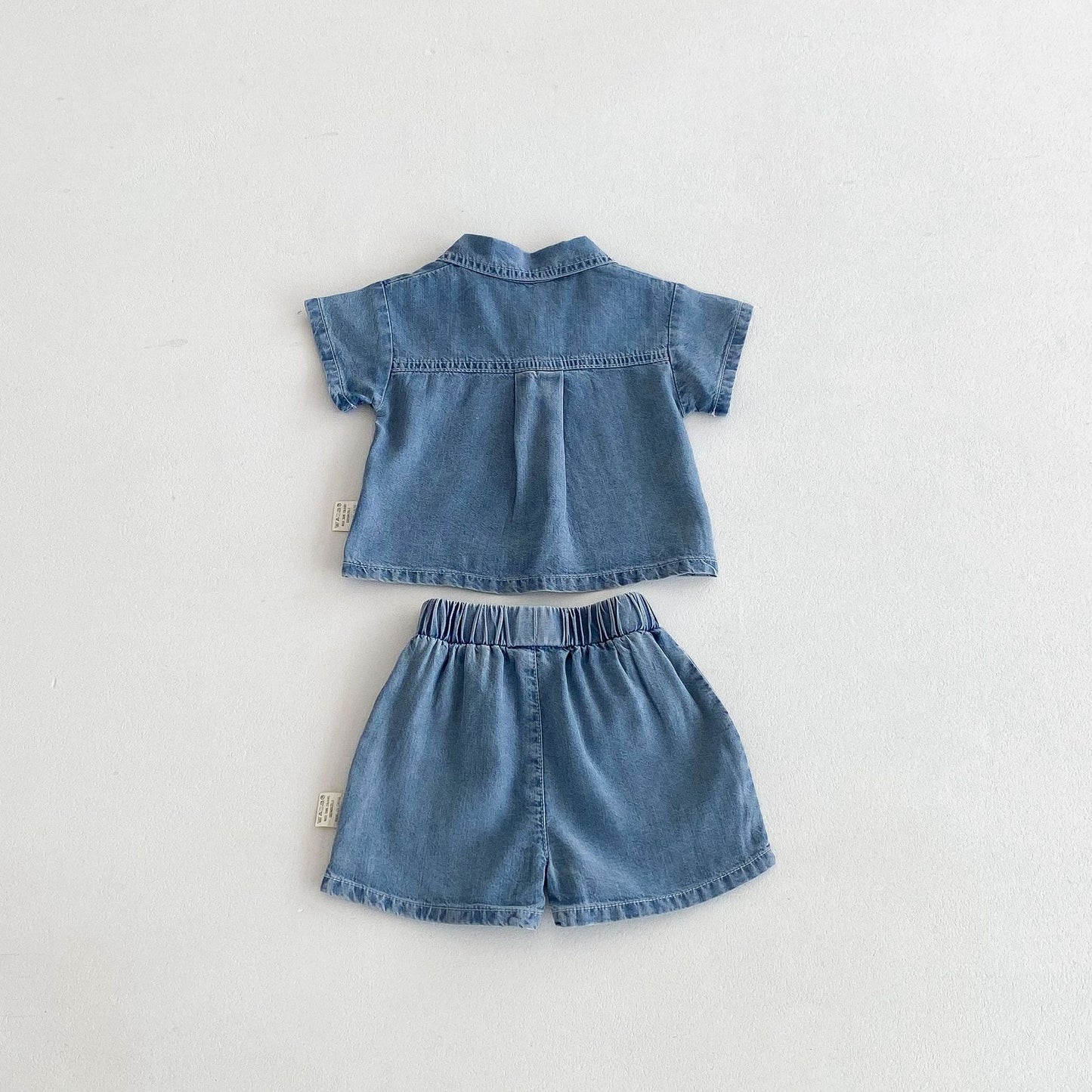 Summer Hot Selling Baby Kids Boys Short Sleeves Denim Single Breasted Top and Shorts Clothing Set-4