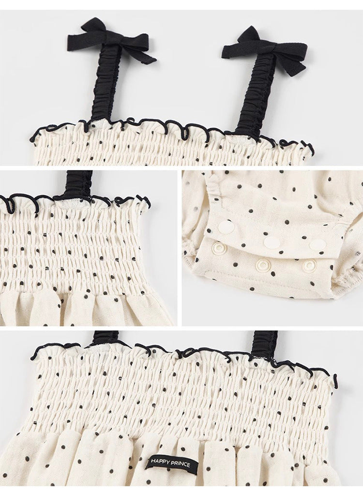 Summer Arrival Baby Girls Cute Dots Pattern Sleeveless Pleated Strap Onesies-3