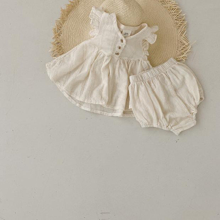 Summer Best Quality Baby Girls Fly Sleeves Simple Style Top Dress And Bloomers Clothing Set-4