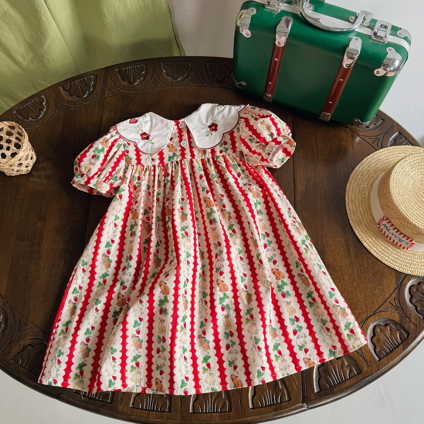 Summer Baby Kids Girls Short Sleeves Embroidered Collar Cartoon Rabbits Pattern Dress-3