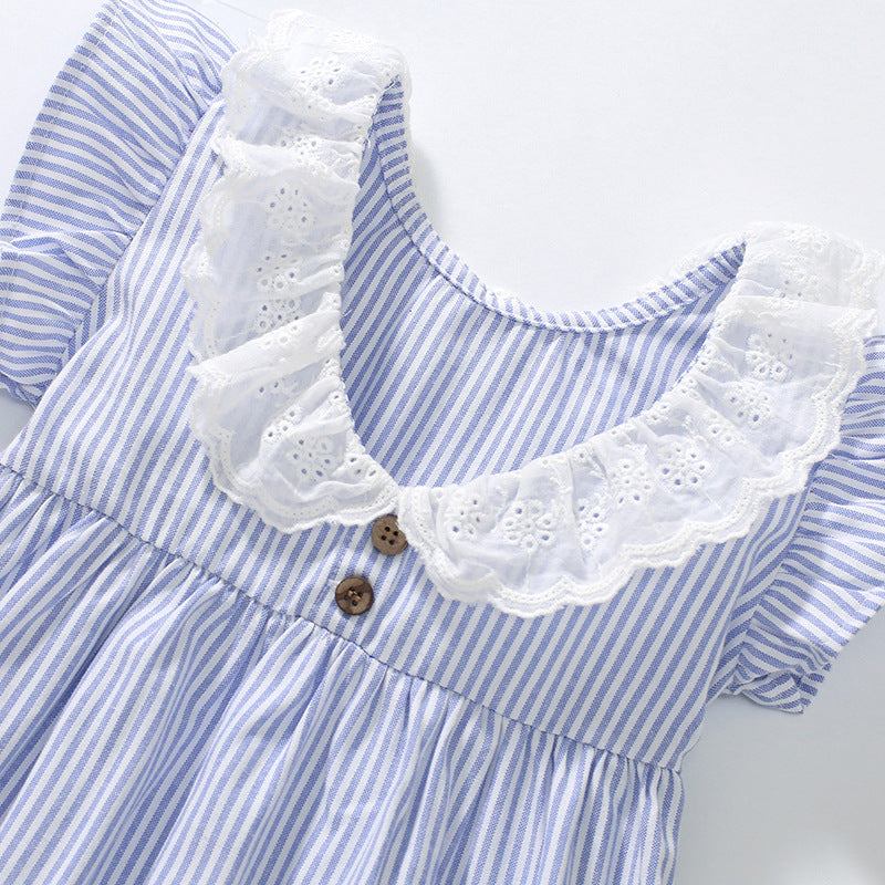 Spring And Summer Baby Girls Ruffle Collar Short Sleeves Striped Dress-4