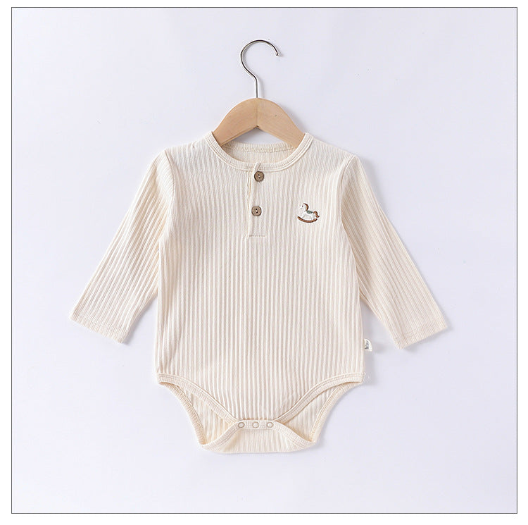 Spring New Arrival Baby Unisex Long Sleeves Striped Onesies Bodysuits with Simple Embroidery-4