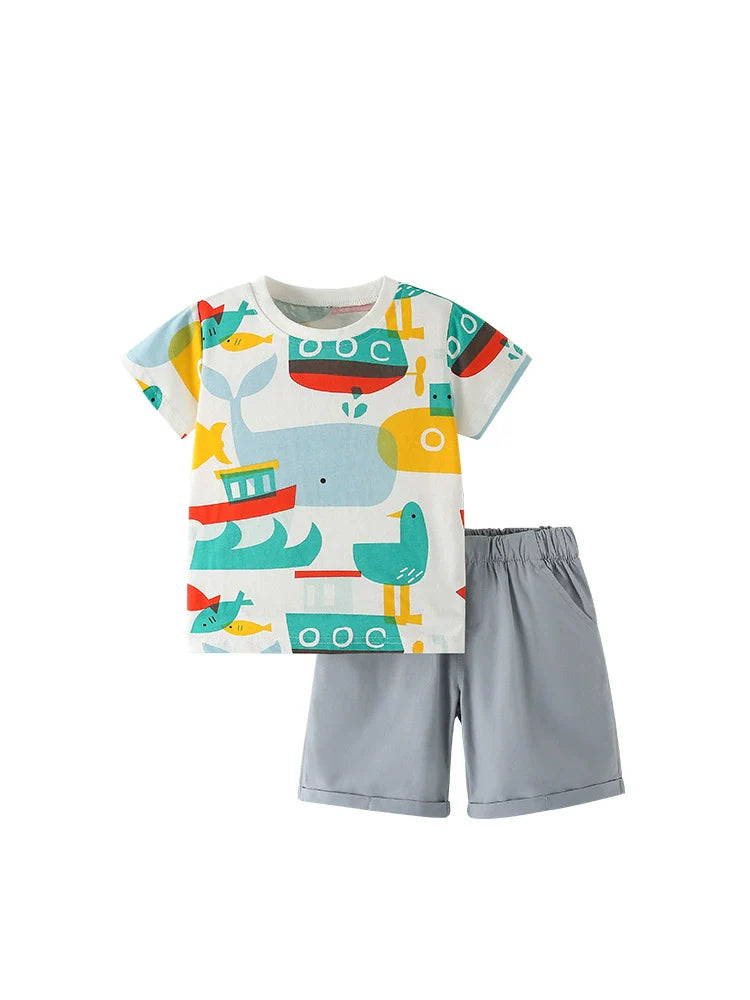 Summer Baby Kids Fish Cartoon Pattern T-shirt and Shorts Clothing Set for Boys-4