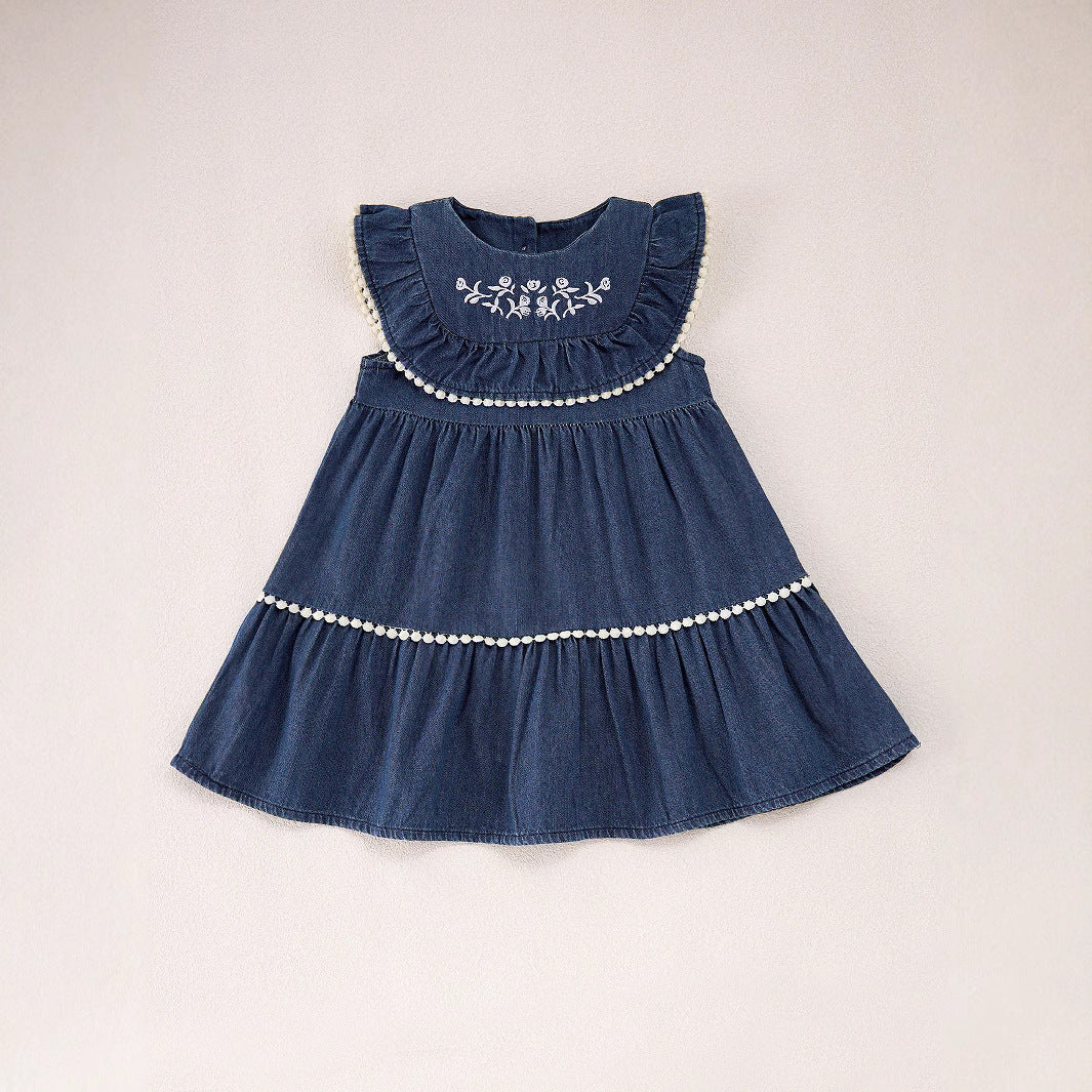 Summer Baby Kids Girls Denim Sleeveless Flowers Pattern Embroidered Dress-3