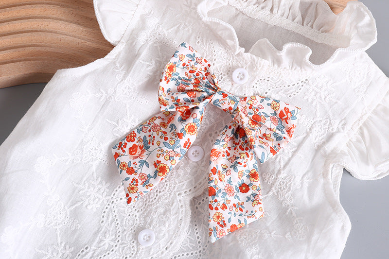 Baby Girl Embroidery Pattern Round Neck Mullet Design Sleeveless Cardigan Onesies With Bow Decorations-4