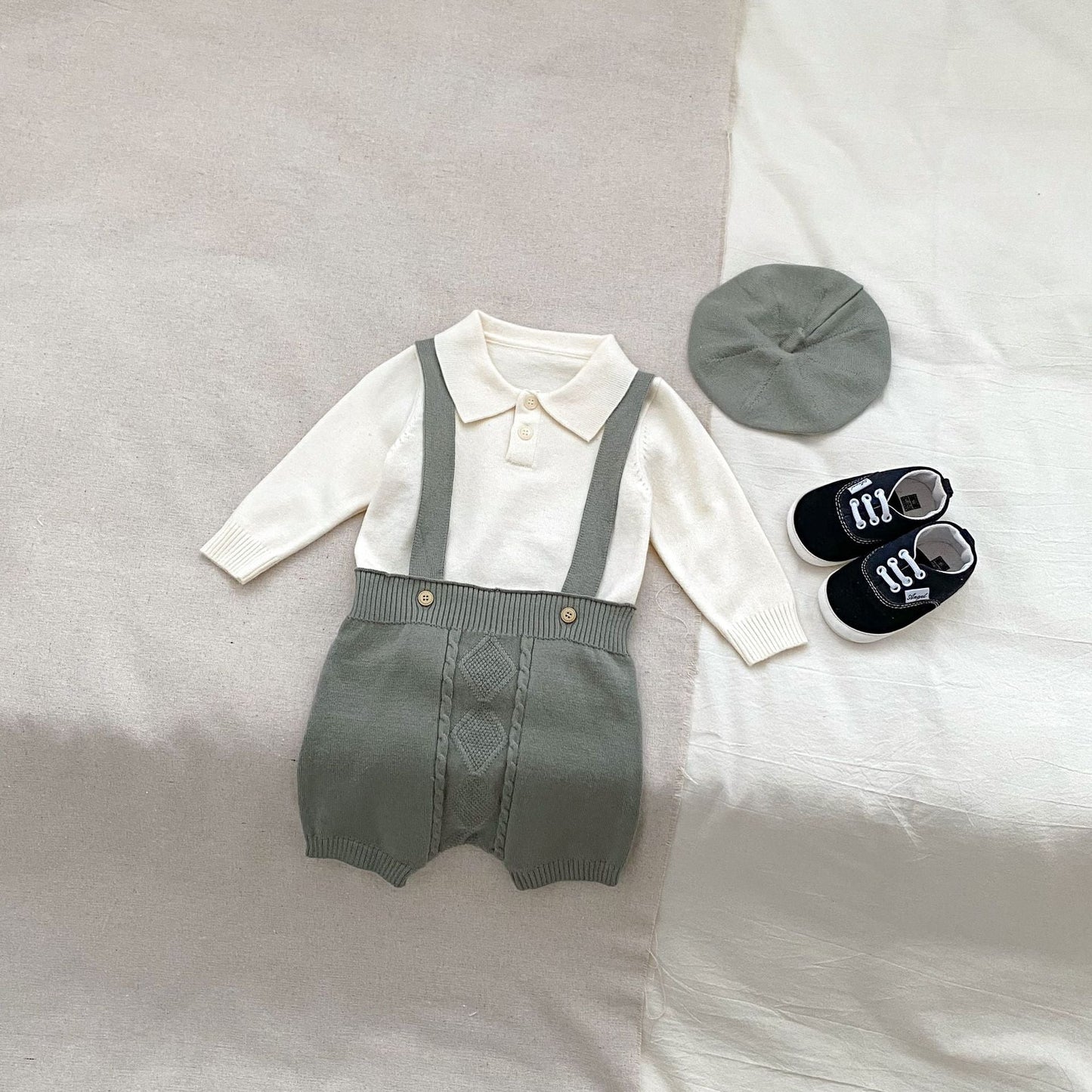 Autumn Baby Boys Long Sleeves Simple Knitted Top, Overalls and Hat Clothing Set-3