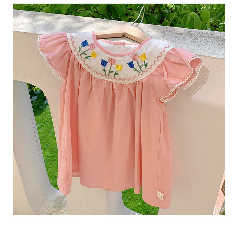 Summer Arrival Baby Kids Girls Cute Short Sleeves Flowers Pattern Embroidered Dress-4