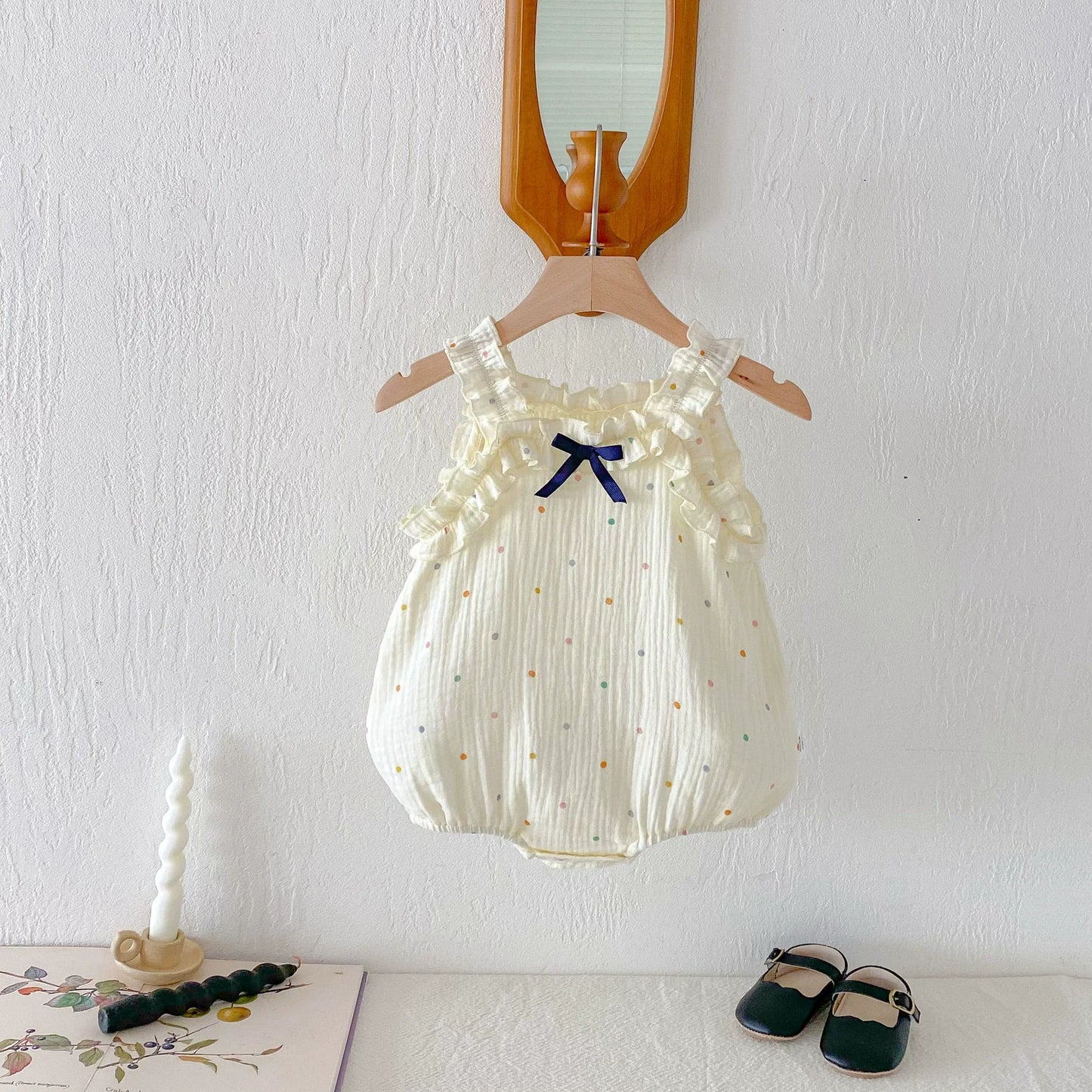 Summer Arrival Baby Girls Sleeveless Butterfly-bow Decorated Onesies with Colorful Dots Pattern-4