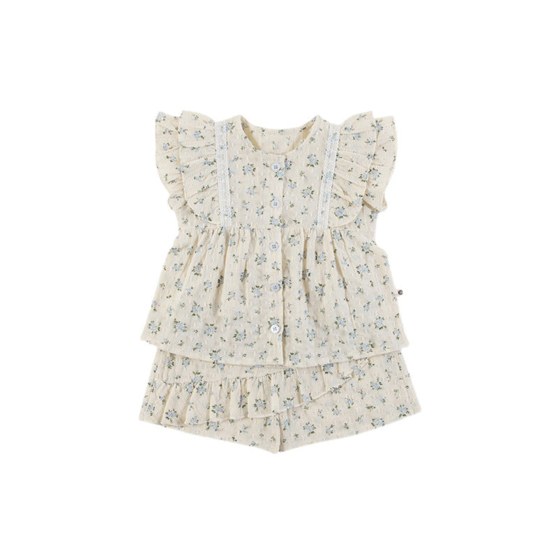 Baby Girl Flower Pattern Flying Sleeves Onesies & Clothing Sets With Headband-5