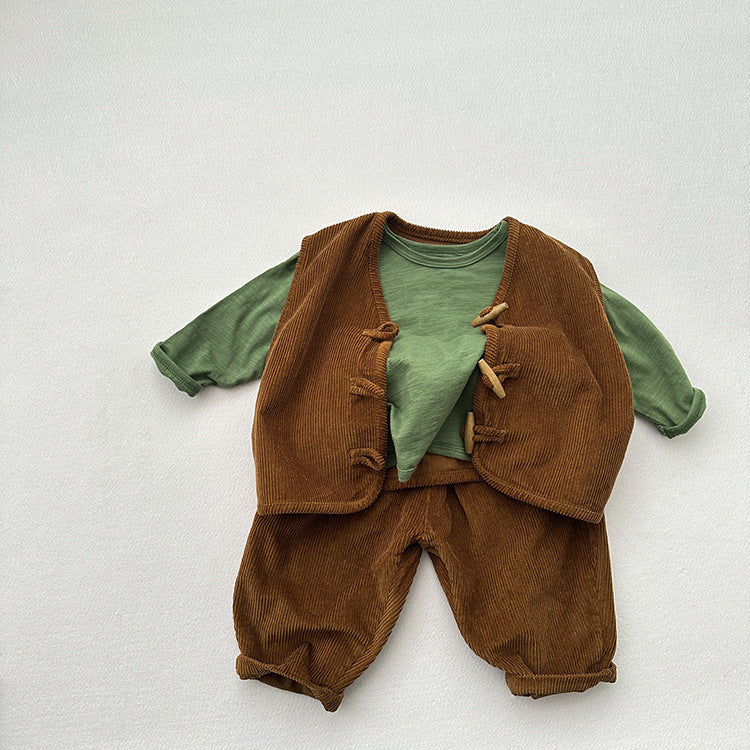 Children’s Waistcoat Japanese Corduroy Tone Sleeveless Vest Spring And Autumn New Style Retro Wooden Button Corduroy Vest For Boys And Girls-7