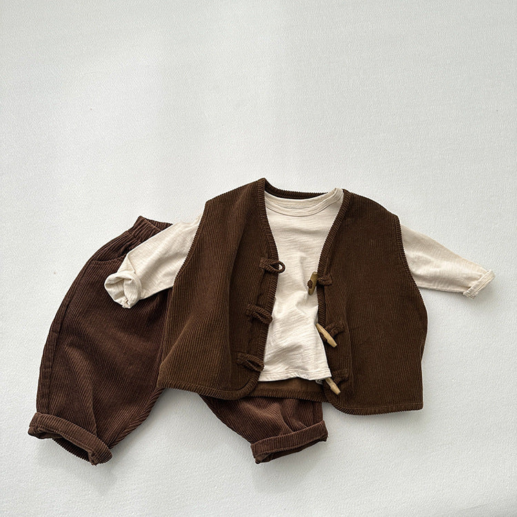 Children’s Waistcoat Japanese Corduroy Tone Sleeveless Vest Spring And Autumn New Style Retro Wooden Button Corduroy Vest For Boys And Girls-5