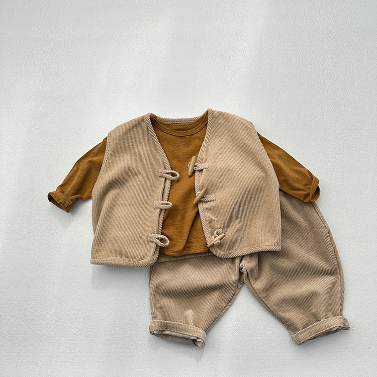 Children’s Waistcoat Japanese Corduroy Tone Sleeveless Vest Spring And Autumn New Style Retro Wooden Button Corduroy Vest For Boys And Girls-6