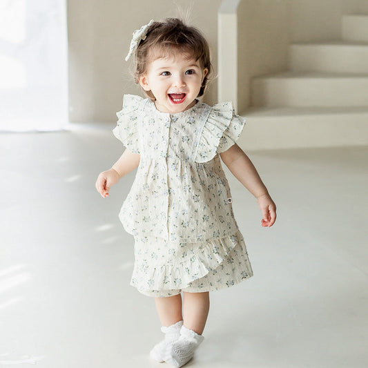 Baby Girl Flower Pattern Flying Sleeves Onesies & Clothing Sets With Headband-0