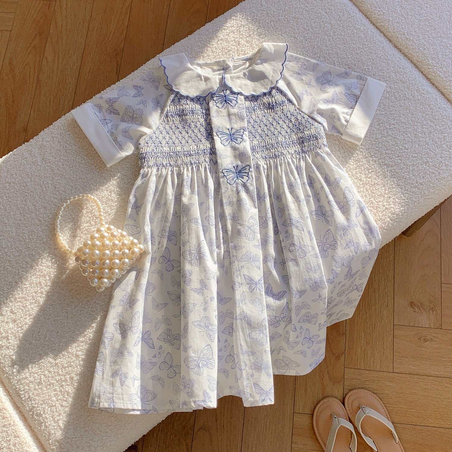 Summer Baby Kids Girls Short Sleeves Butterfly Pattern Embroidered Dress-2