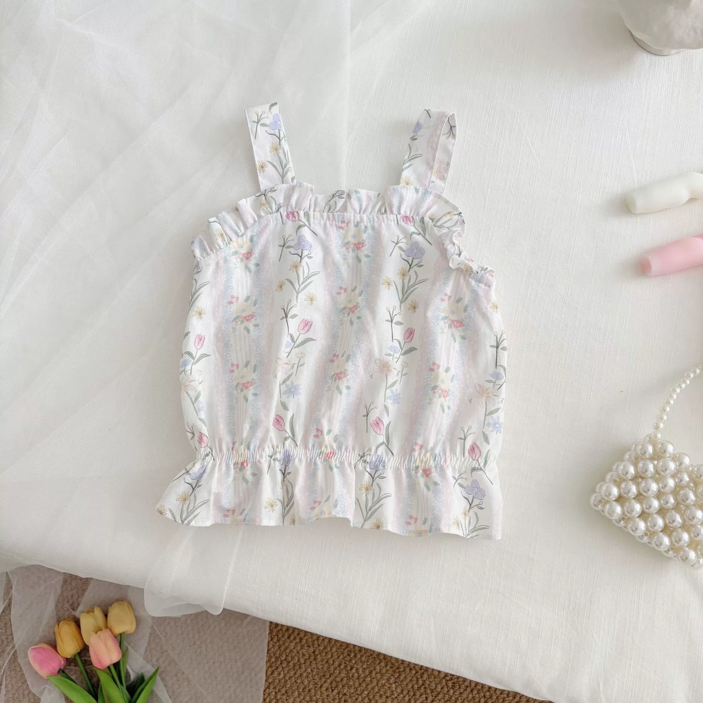 Summer Hot Selling Baby Girls Sleeveless Flowers Pattern Vest and Shorts Clothing Set-1