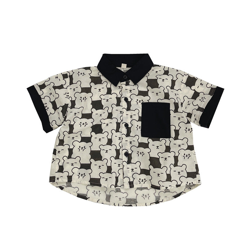 Summer Kids Unisex Casual and Versatile Short Sleeves Turn-down Collar Cartoon Shirt-0