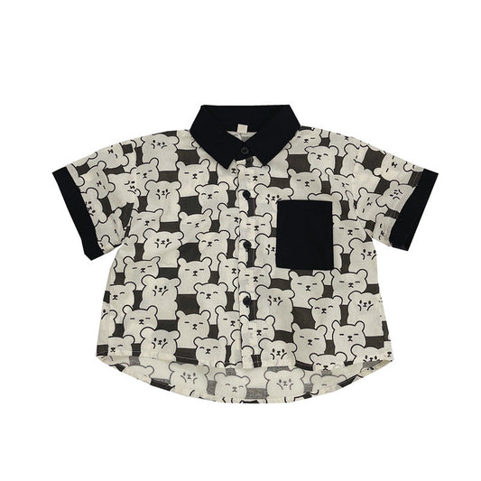 Summer Kids Unisex Casual and Versatile Short Sleeves Turn-down Collar Cartoon Shirt-0
