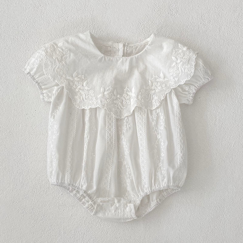 Summer Girls Solid Color Simple Floral Embroidery Big Collar Onesies and Dress – Princess Sister Matching Set-1