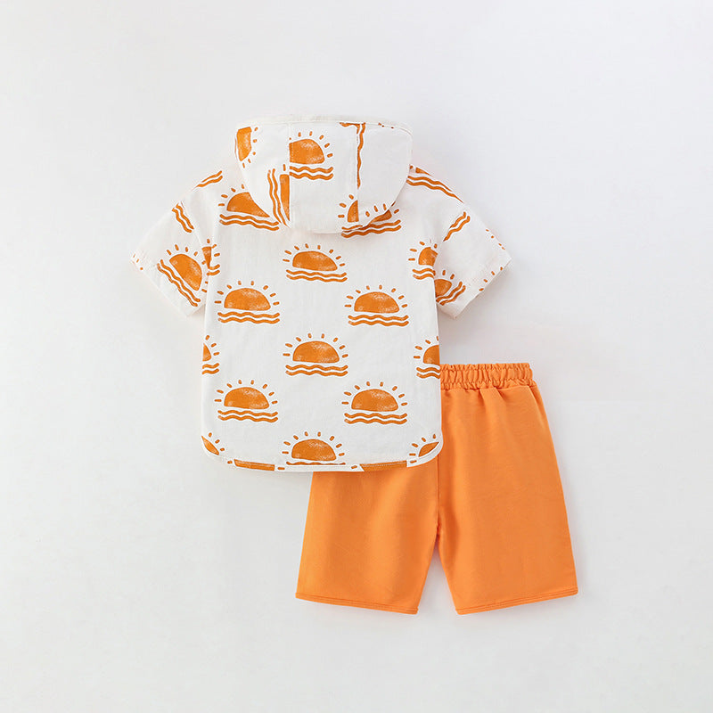 Summer Baby Kids Sunrise Pattern Hooded T-shirt and Shorts Clothing Set for Boys-3