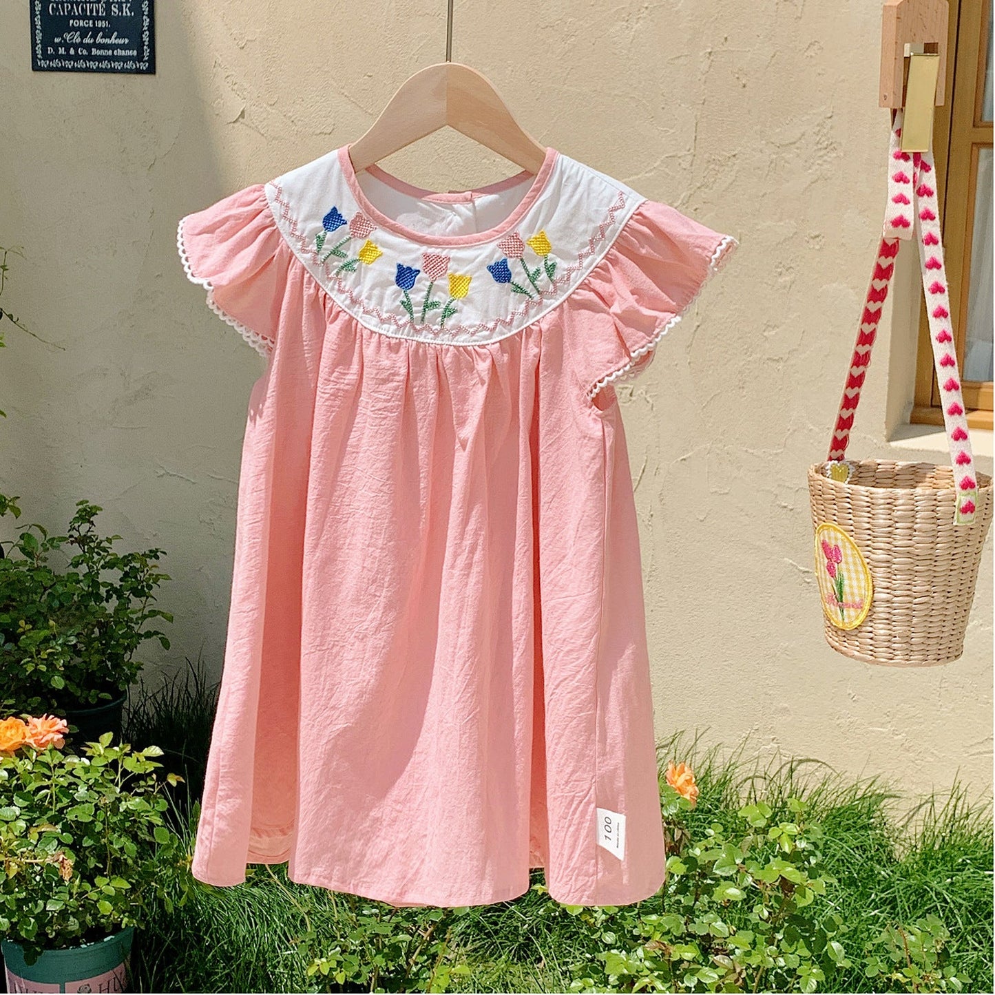 Summer Arrival Baby Kids Girls Cute Short Sleeves Flowers Pattern Embroidered Dress-2