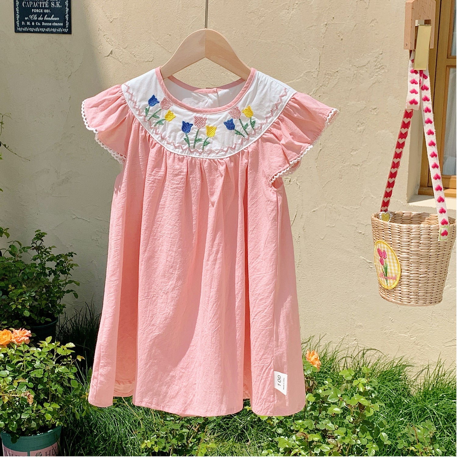 Summer Arrival Baby Kids Girls Cute Short Sleeves Flowers Pattern Embroidered Dress-2