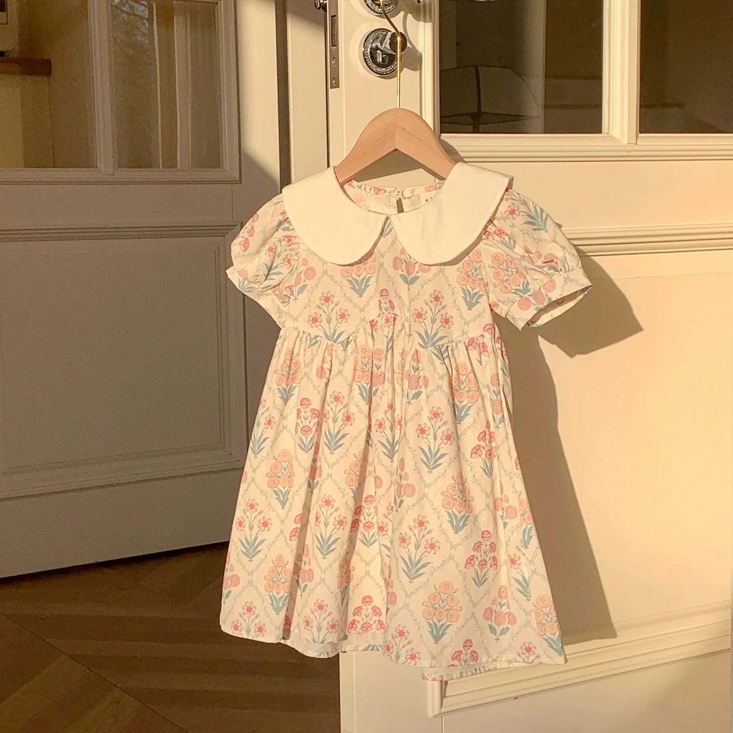 Summer Arrival Baby Kids Girls Cute Short Sleeves Argyle Floral Dress-2