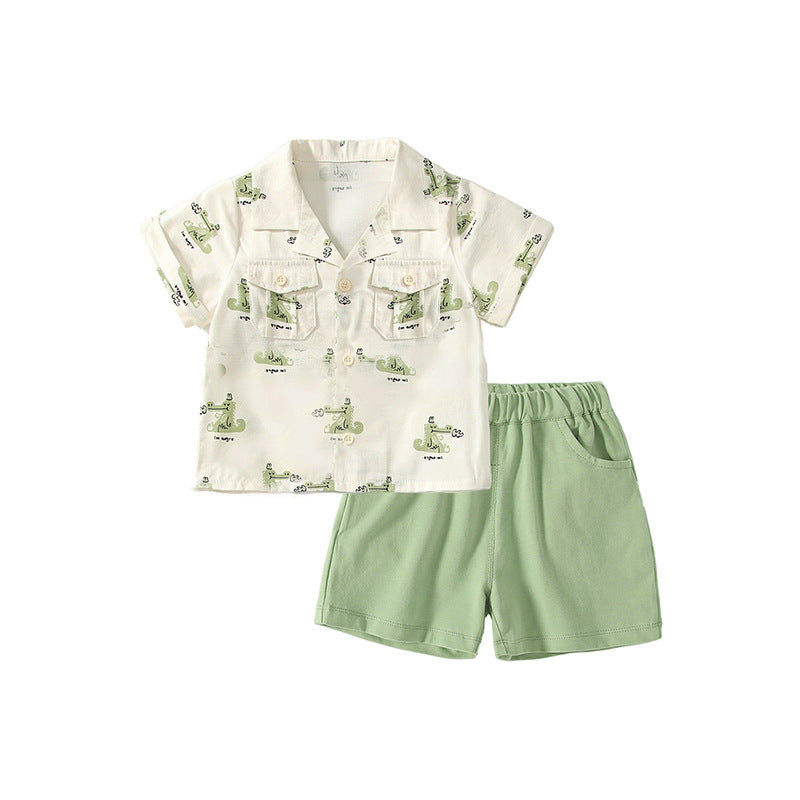 Summer Baby Kids Casual Cartoon Animals Pattern Short Sleeves Top Shirt with Green Shorts Clothing Set for Boys-3