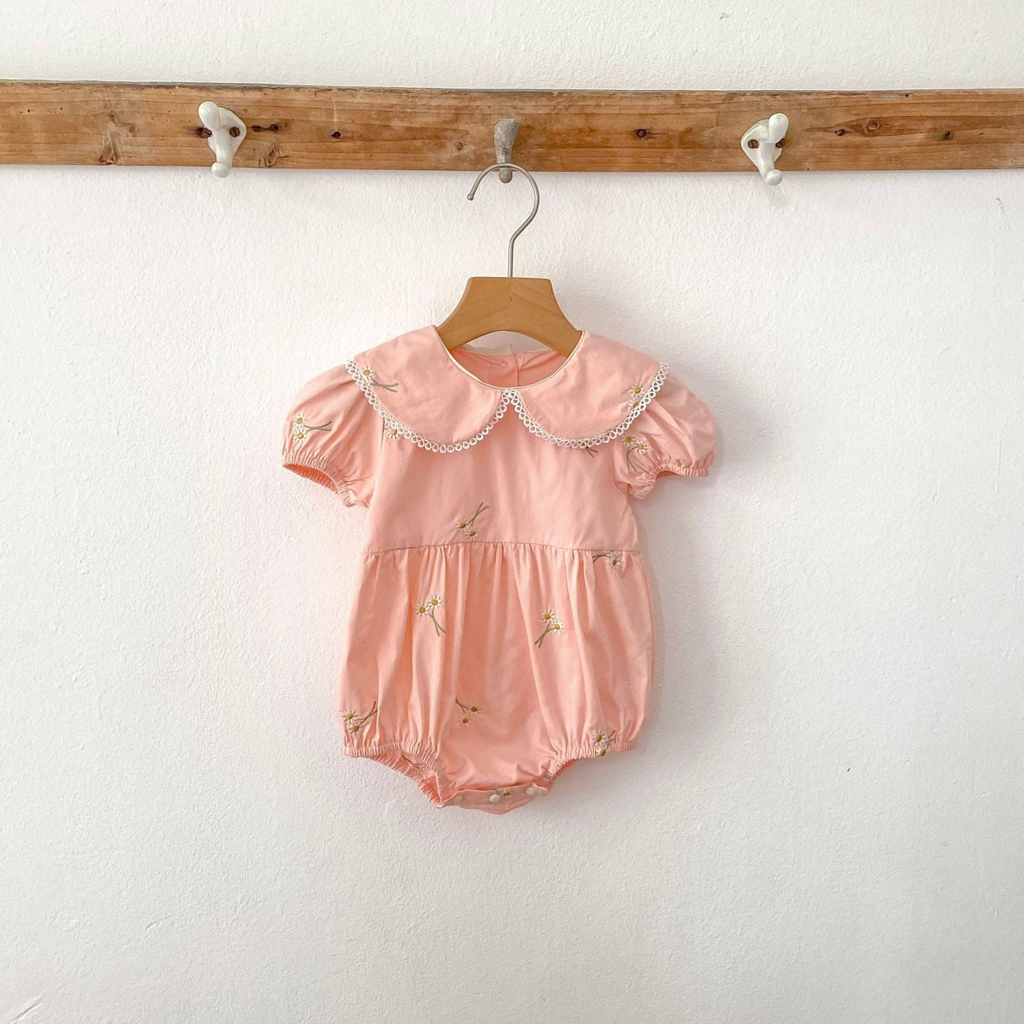 Summer Girls Simple Floral Embroidery Lace Trim Collar Short Sleeves Onesies and Girls’ Dress – Princess Sister Matching-1