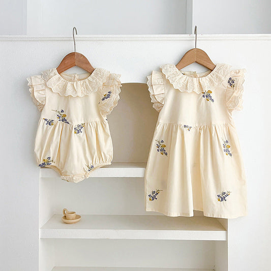 Summer Baby Girls French-style Flowers Embroidery Pattern Fly-sleeved Onesies and Dress – Princess Sister Matching-0