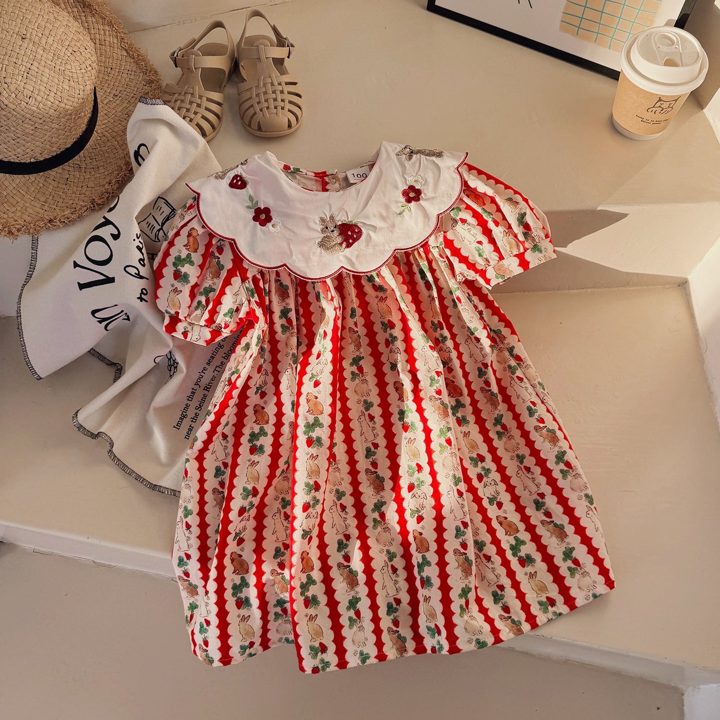 Summer Baby Kids Girls Short Sleeves Embroidered Collar Cartoon Rabbits Pattern Dress-1