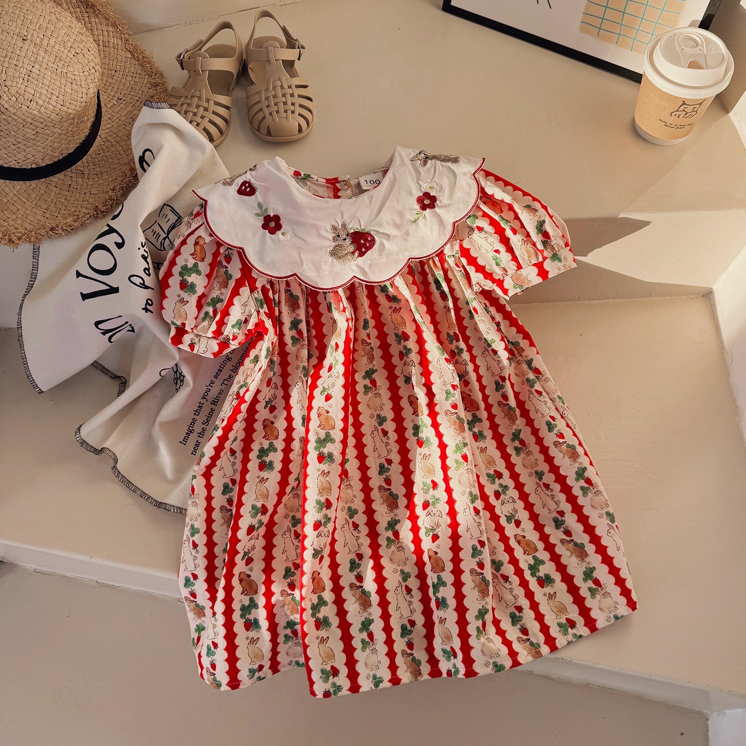 Summer Baby Kids Girls Short Sleeves Embroidered Collar Cartoon Rabbits Pattern Dress-1