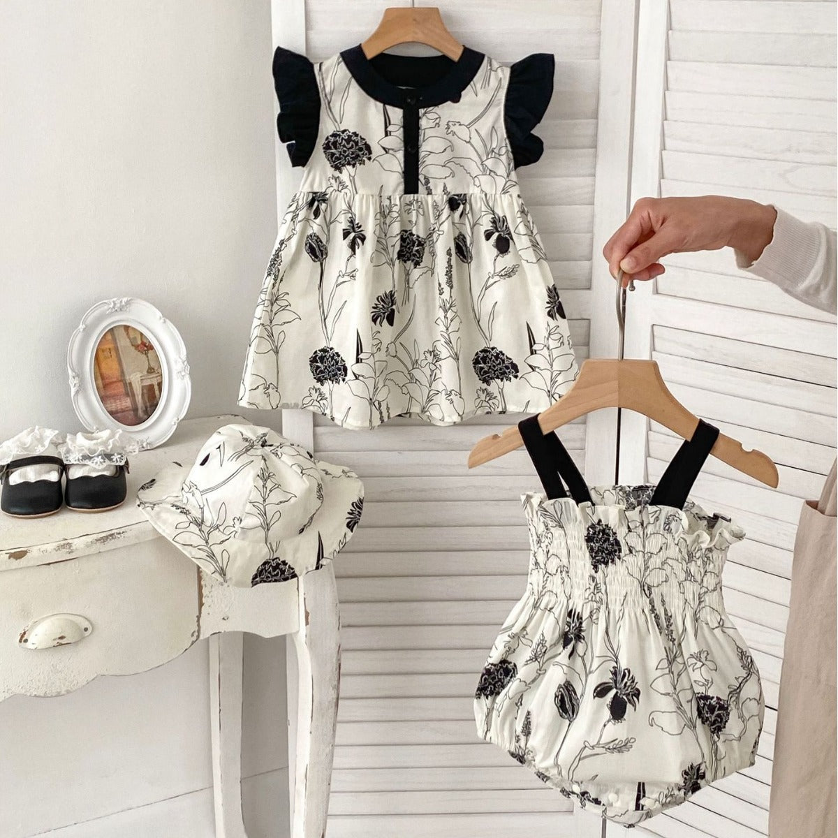 Summer Girls Color Patchwork Floral Pattern Strap Onesies And Fly Sleeves Dress – Princess Sister Matching Set With Shoes-3