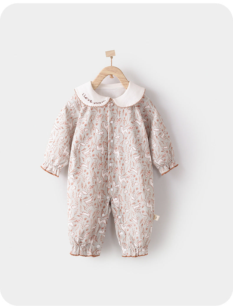 Spring New Arrival Baby Girls Long Sleeves Floral Pattern Rompers with Simple Embroidery-2