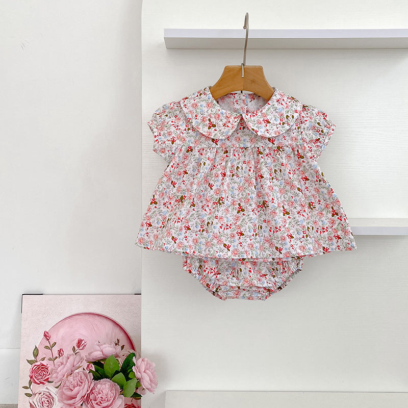 Summer Arrival Baby Girls Short Sleeves Floral Top Dress and Bloomers Clothing Sets-3