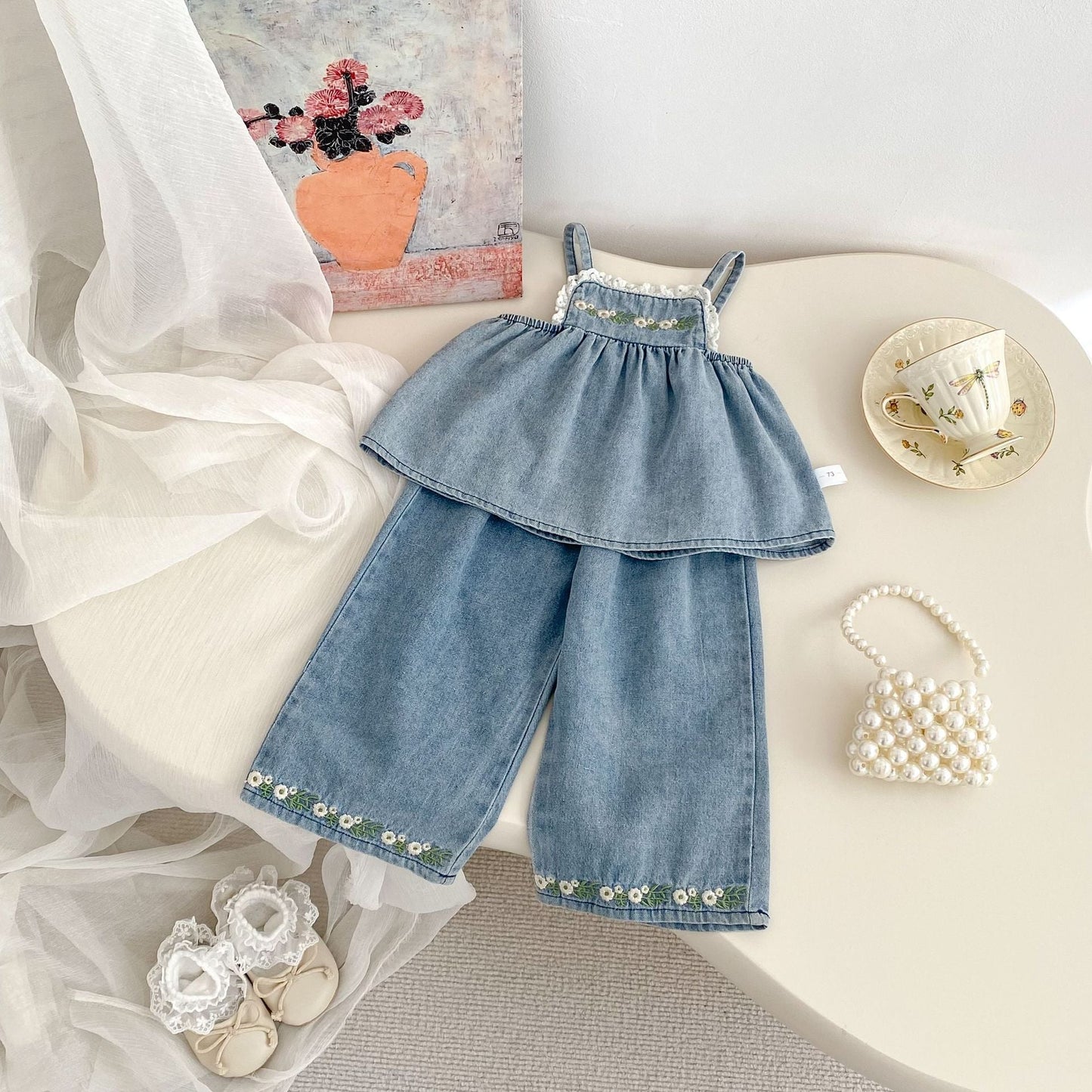 Summer Baby Kids Girls Flowers Pattern Embroidered Sleeveless Top and Pants Denim Clothing-2