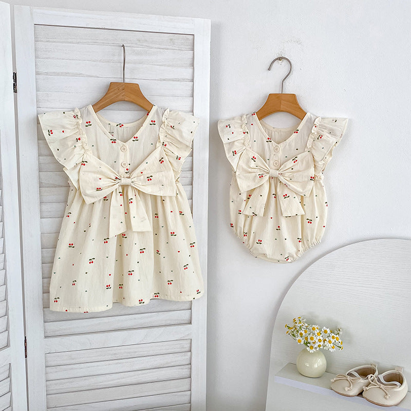 Summer Girls Simple Cherry Pattern Fly Sleeves Onesies and Girls’ Dress – Princess Sister Matching-1