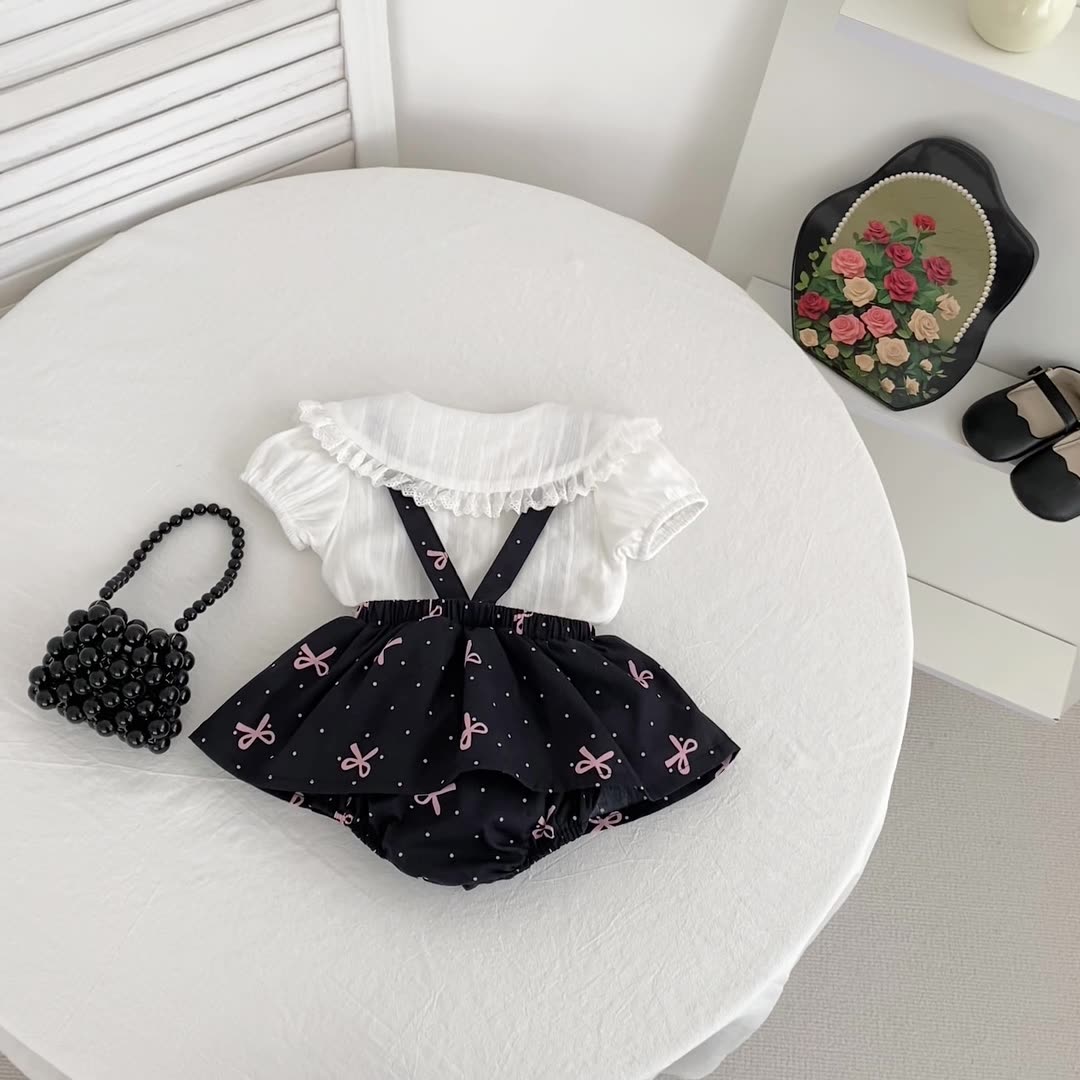 Summer Hot Selling Baby Kids Girls Sleeveless Dots Pattern Strap Onesies Overalls and Beige T-Shirt Clothing Set-1