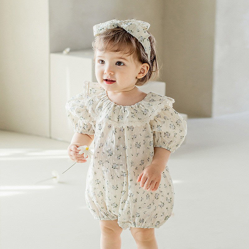 Baby Girl Flower Pattern Flying Sleeves Onesies & Clothing Sets With Headband-1