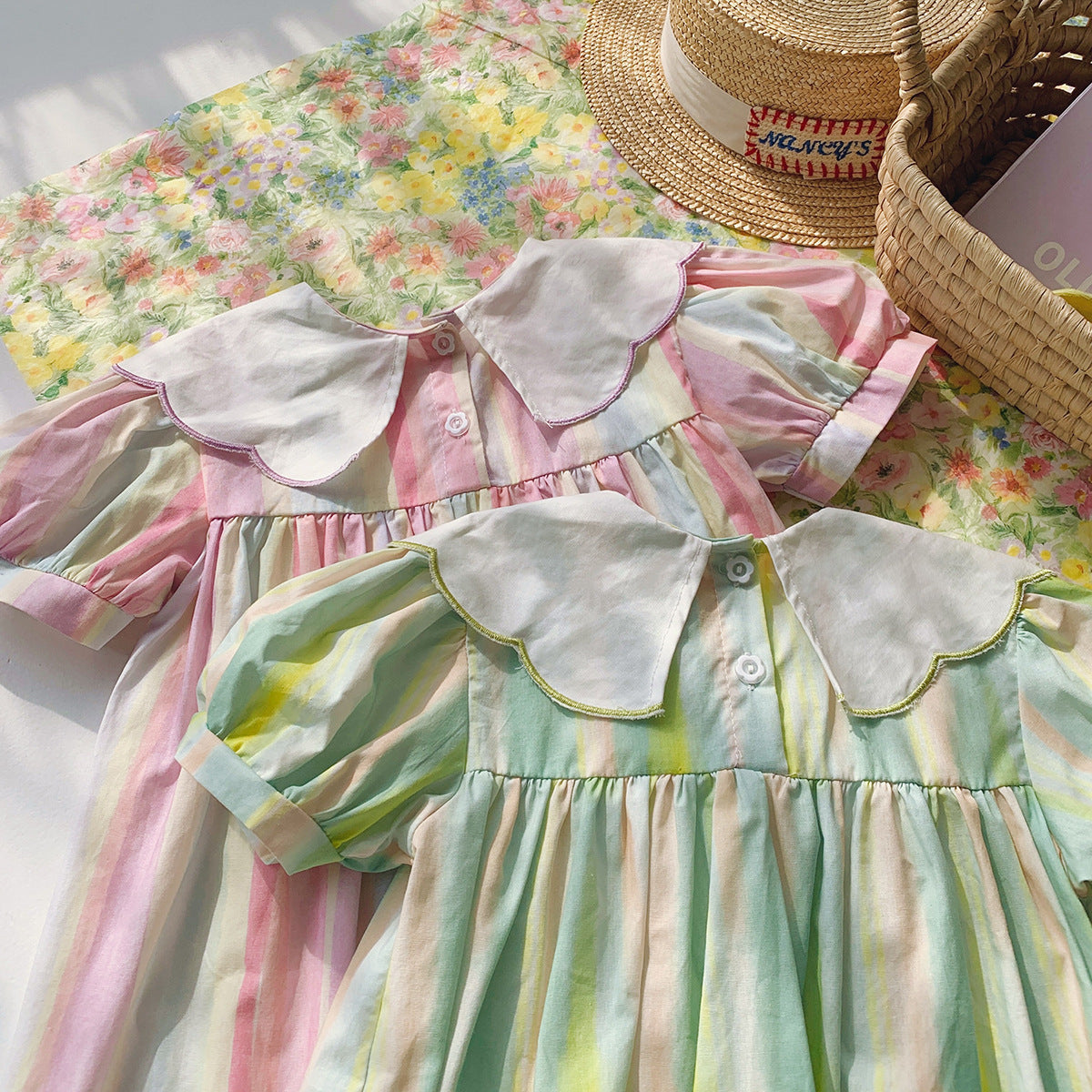 Summer Arrival Baby Kids Girls Short Sleeves Geometric Pattern Embroidered Striped Dress-1