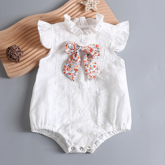 Baby Girl Embroidery Pattern Round Neck Mullet Design Sleeveless Cardigan Onesies With Bow Decorations-0