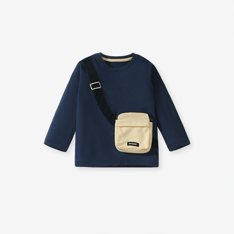 Spring And Autumn Boys Sling Bag Pattern Color Patchwork Long Sleeves Top Sweatshirt And Solid Color Pocketed Pants Clothing Set-1