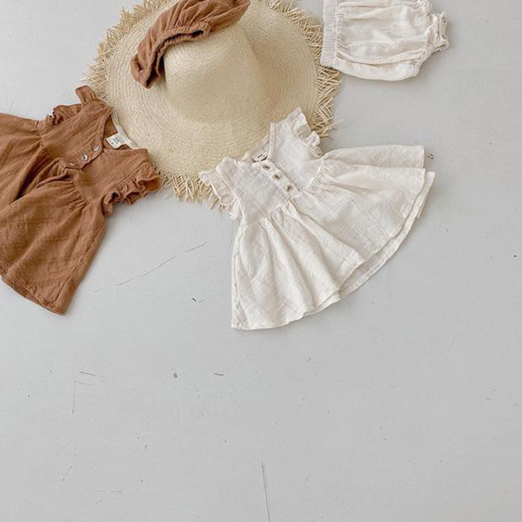 Summer Best Quality Baby Girls Fly Sleeves Simple Style Top Dress And Bloomers Clothing Set-3