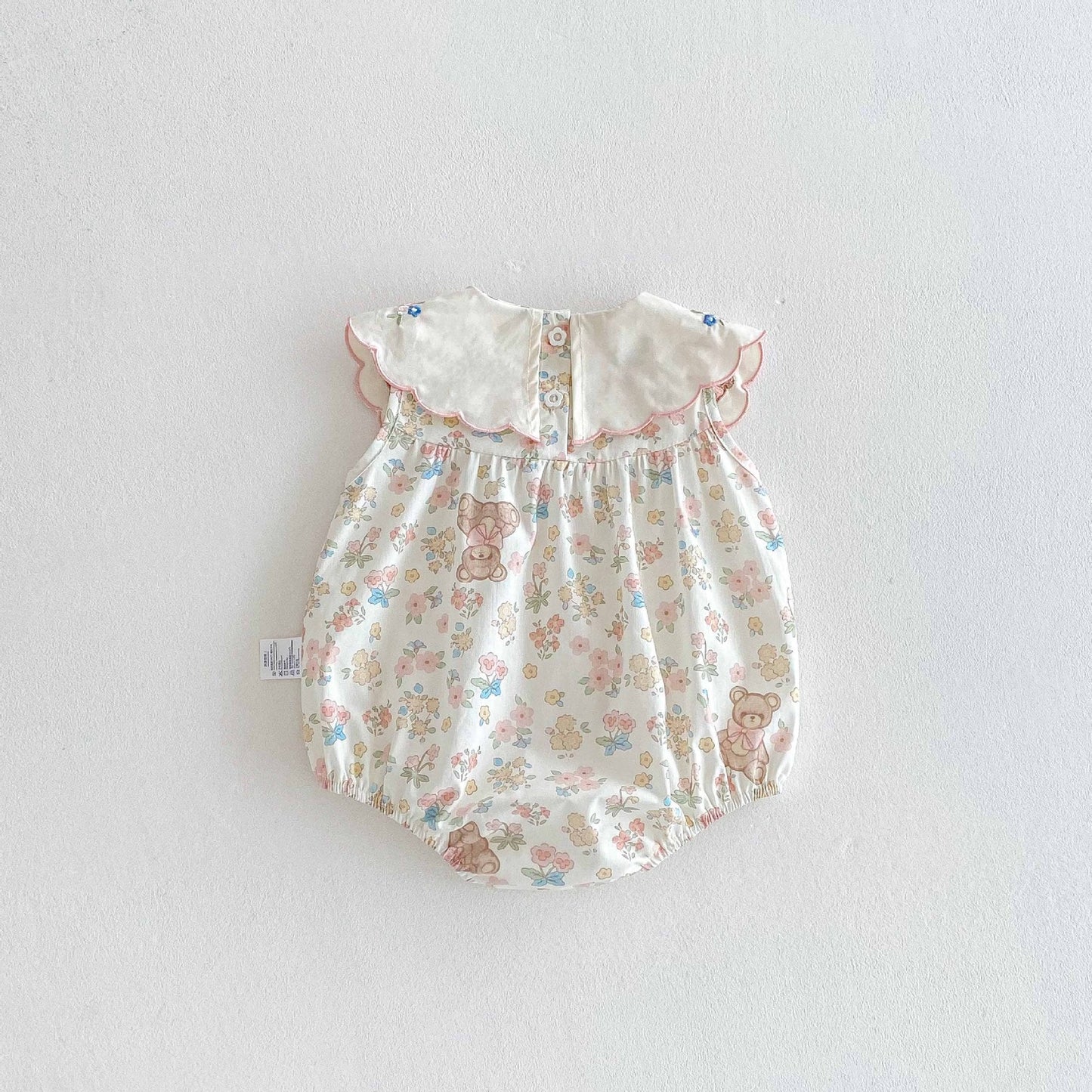 Summer Arrival Baby Girls Cute Teddy and Flowers Pattern Sleeveless Onesies-1