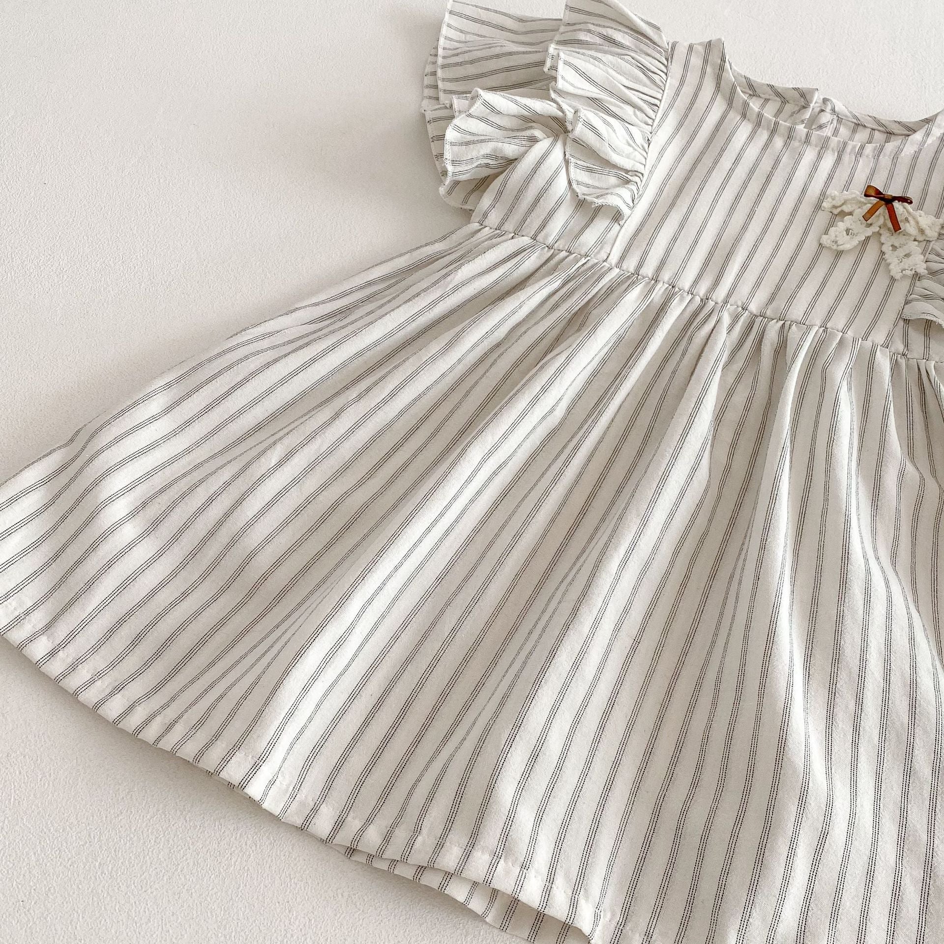 Summer Arrival Baby Girl Striped Pattern Short Sleeves Dress with Butterfly-bow Decoration-2