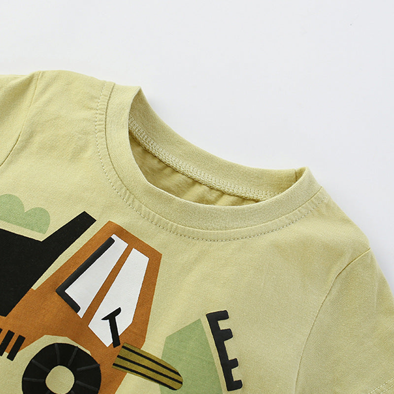 Summer Baby Kids Casual Excavator Cartoon Pattern T-shirt and Shorts Clothing Set for Boys-2
