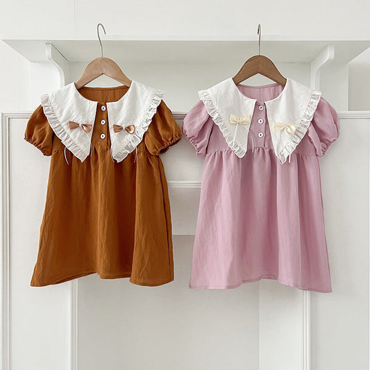 New Arrival Summer Girls Vintage Countryside Double-Bow Collar Short Sleeves Dress-0