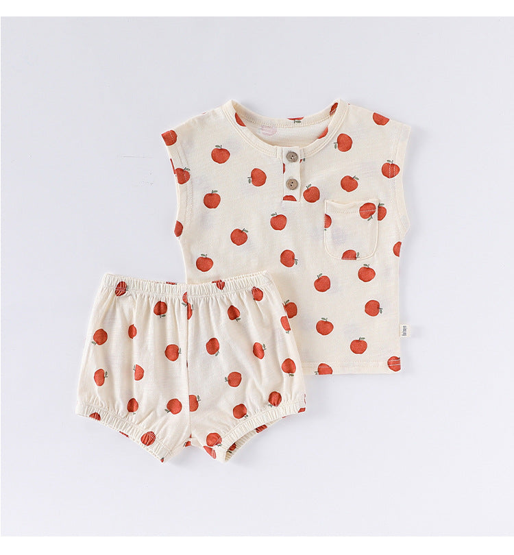 Summer Arrival Baby Unisex Sleeveless Fruits Pattern Top Vest and Shorts Clothing Sets-3